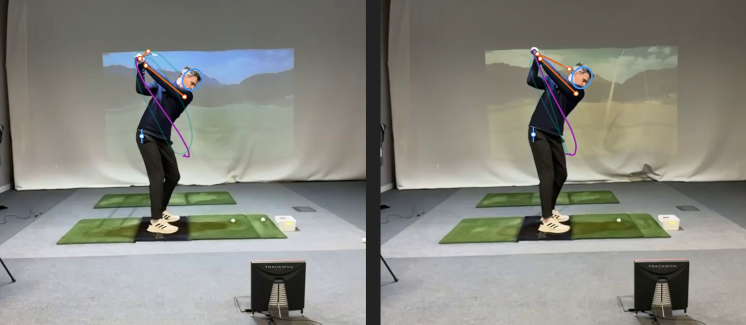 Top of backswing image of student showing the initial shaft and hand relationship before over-the-top re-routing begins.