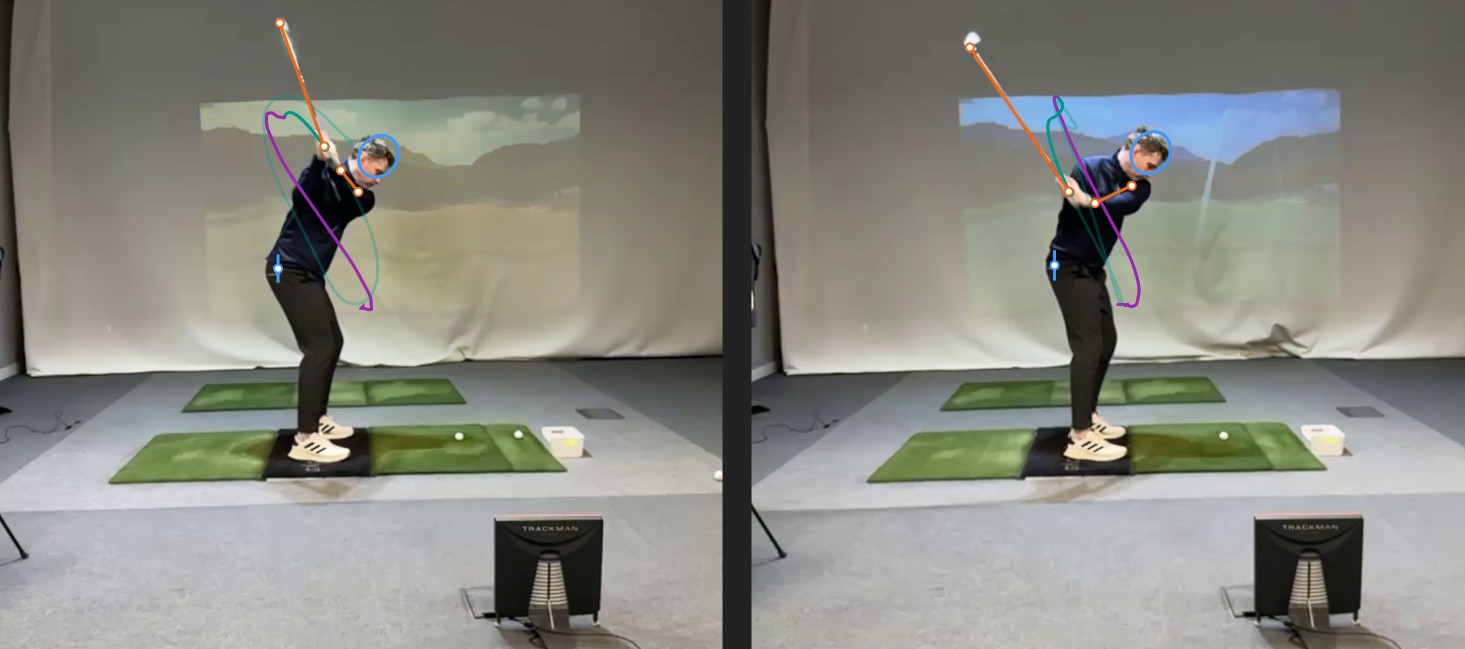 Halfway down image of student showing outward hand movement and a steepening club delivery.