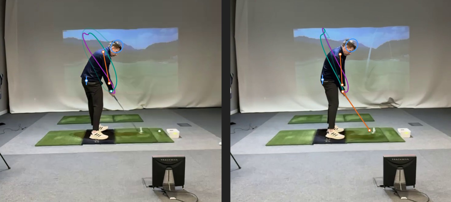 Impact image of student showing the club cutting across the ball from an over-the-top hand path.