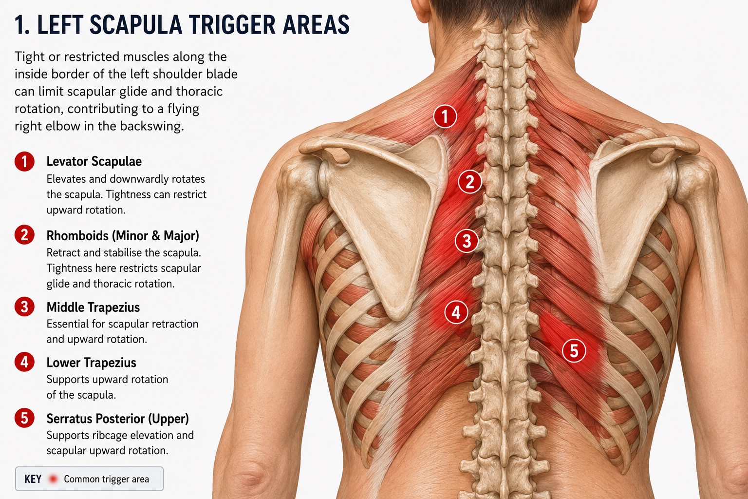 Anatomical diagram showing left scapula trigger areas that can restrict backswing rotation and contribute to a flying right elbow in golf