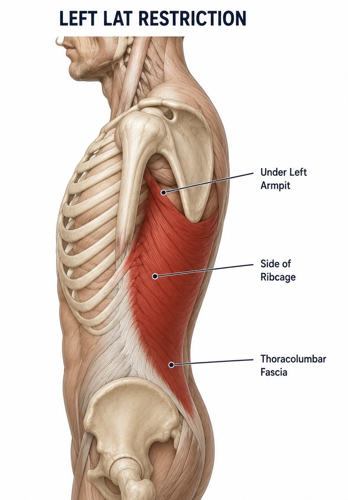 Anatomical diagram showing the left lat restriction line during a golf backswing and its relationship to shoulder and ribcage movement