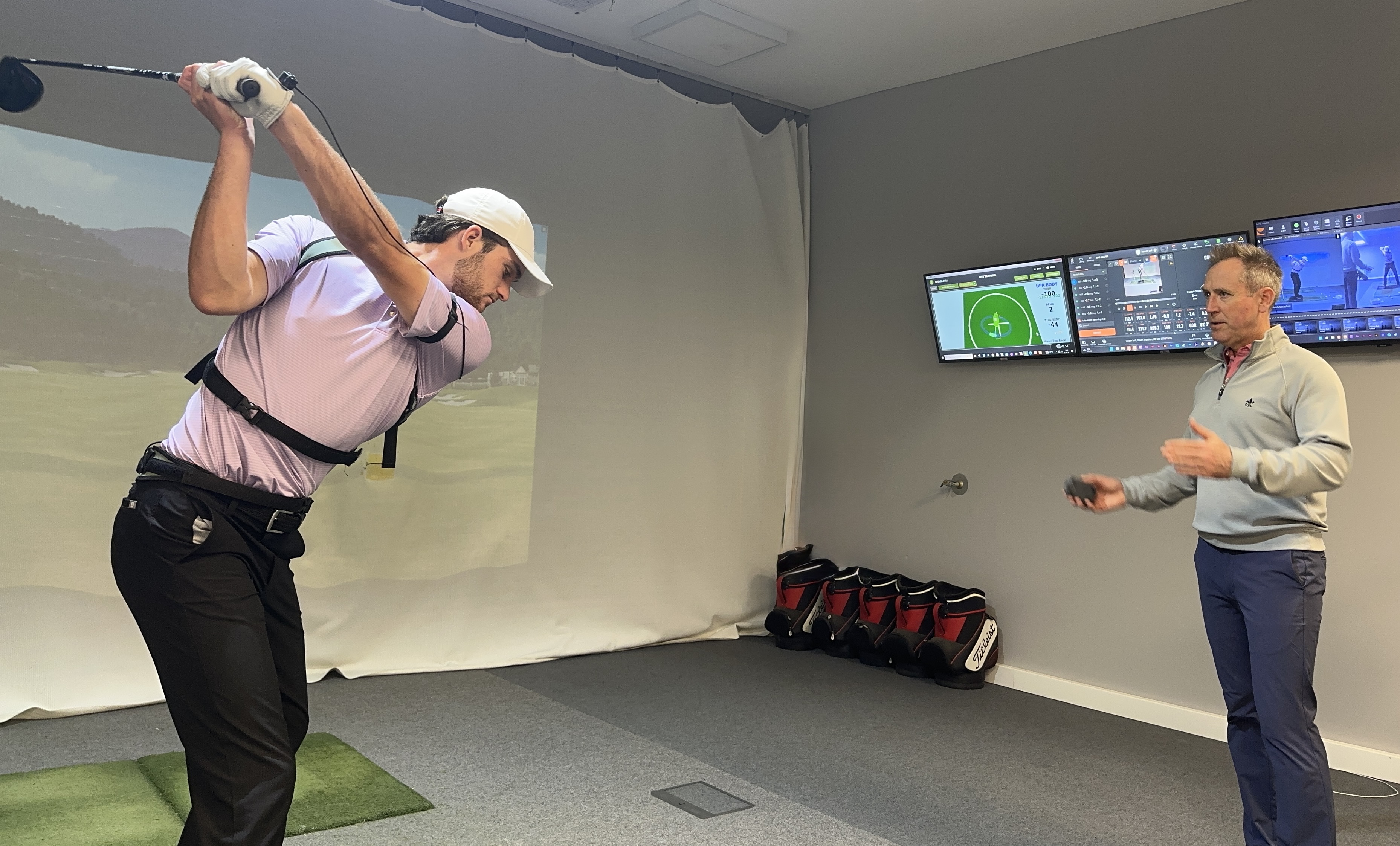 Chris Brook coaching England international Jenson Bull with 3D motion capture and TrackMan in his performance studio