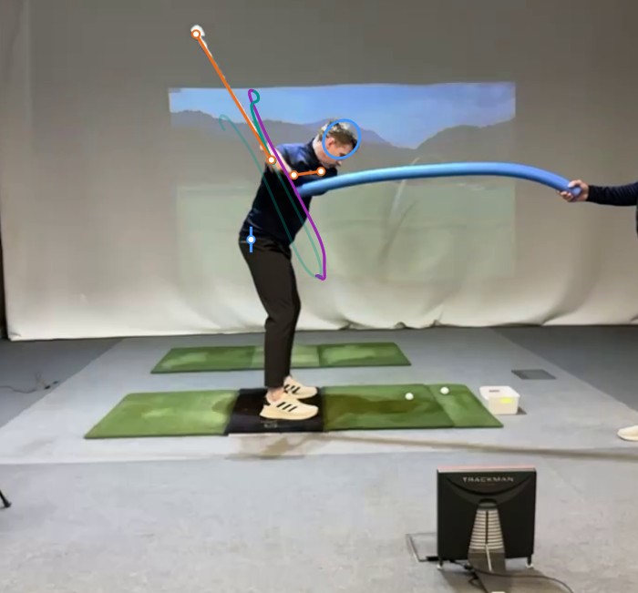 Drill sequence image showing club and hands adapting to the noodle constraint.