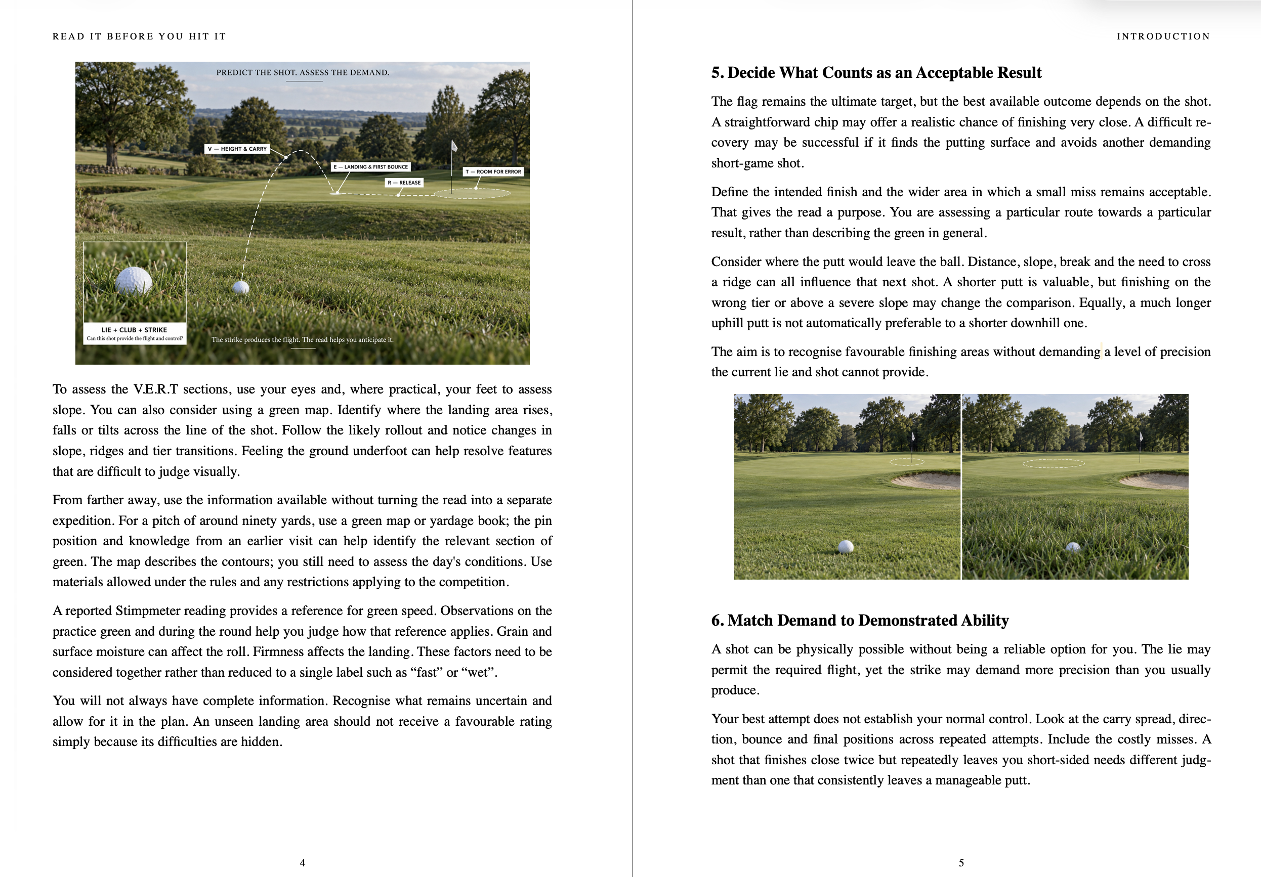 Inside Read It Before You Hit It: the V.E.R.T. method illustrated on a pitch shot, pages 4 and 5