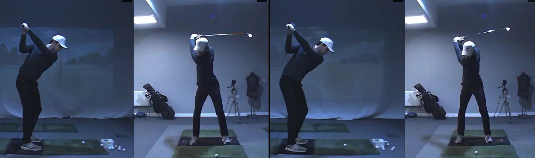 Top of backswing panels from side and front views showing freer thoracic rotation and a less guarded head position when the ball is held in peripheral awareness.